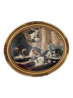 “UpTo No Good”-Knip VTG Oval Framed Cat Family oil on canvas Gold Frame 17 × 24
